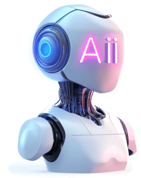 Futuristic robot head with glowing AI designation. png