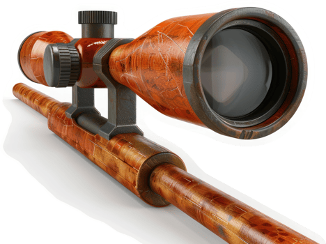 Close-up of a hunting rifle scope with a wooden stock. png