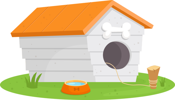 A cozy dog house sits on the grass, complete with a food bowl and tie out, ready for a canine companion. png