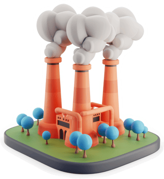 Colorful cartoon factory emitting gray smoke plumes. png