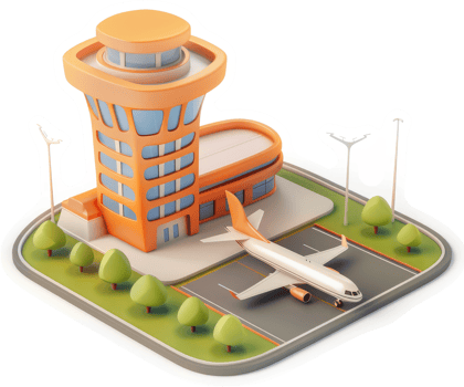 Colorful airport control tower and airplane on a tarmac. png