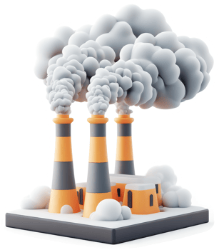 Industrial pollution depicted by three smoking factory chimneys. png