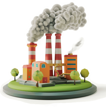 Colorful cartoon factory illustration emitting plumes of smoke. png