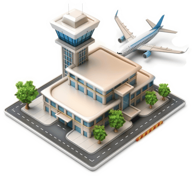 Airport terminal and control tower isometric illustration. png