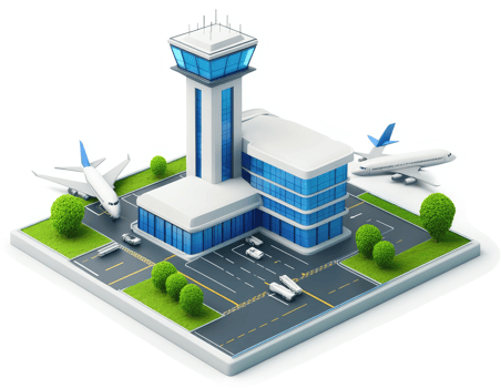 Modern airport complex with control tower and aircraft. png