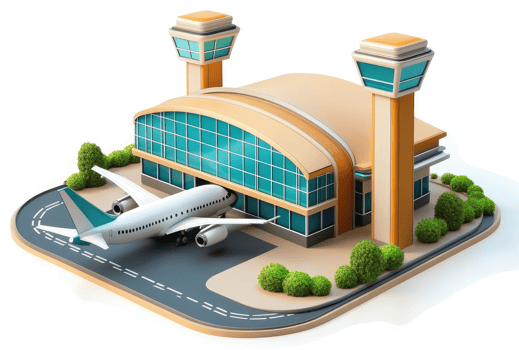 Airport terminal with airplane on tarmac. png