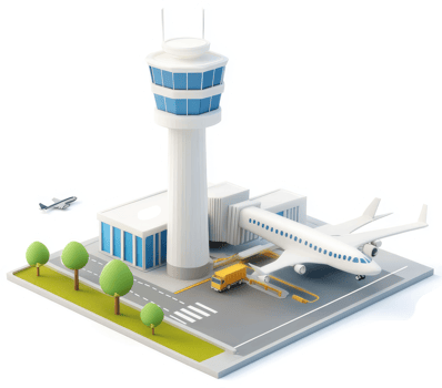 Airport terminal complex with control tower and jet. png
