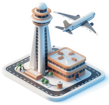 Isometric illustration of an airport terminal and control tower. png