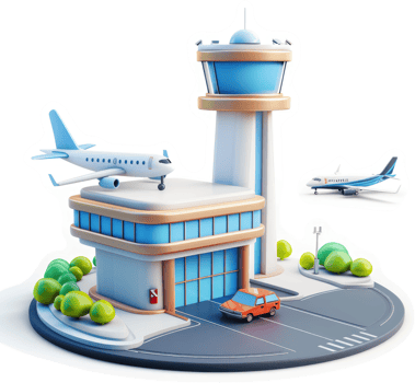 Cartoonish airport complex with airplanes and control tower. png