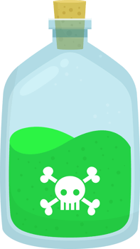 Cartoon potion bottle with green liquid and skull and crossbones symbol, cork stopper, and transparent glass. png