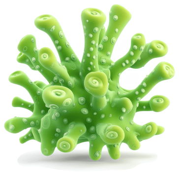 Vivid illustration of a cluster of vibrant green, branching, biological structures. png