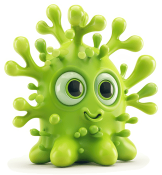 Cartoonish, friendly green blob with spiky protrusions. png