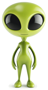 Smiling lime-green alien character with large eyes. png