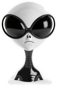Gray alien head wearing large, dark sunglasses. png