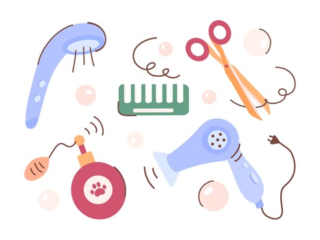 A set of cosmetic accessories for pet care. Hair dryer, scissors, comb, perfume, shower. Tools and cosmetics for the animal beauty salon, haircuts, washing, grooming. illustrations vector
