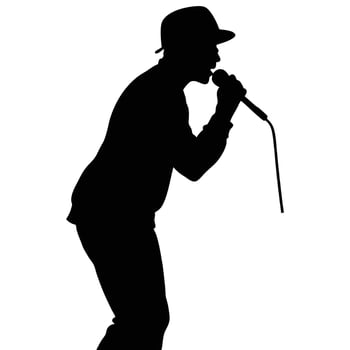 Male Silhouette Singing into Microphone with Fedora Hat vector