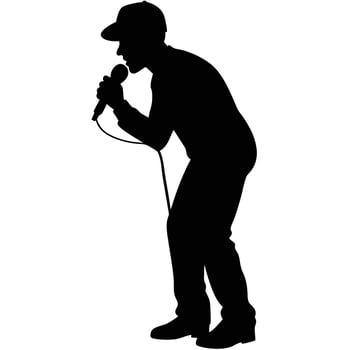 Isolated silhouette of male singer in cap holding microphone with wire cord vector