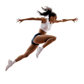 A woman in a white top and shorts is jumping png