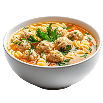 A bowl of chicken noodle soup with meatballs and fresh herbs, isolated on transparent background png