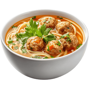 A bowl of homemade chicken noodle soup with meatballs and fresh herbs, isolated on transparent background png