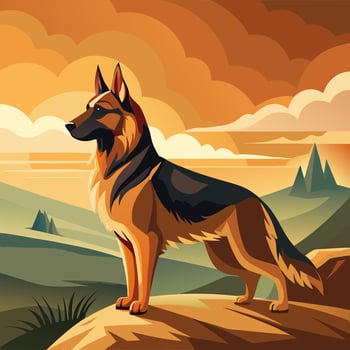 German Shepherd Dog on Hilltop Sunset vector