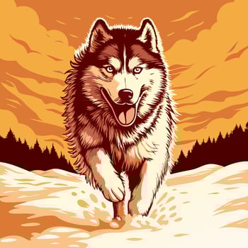Husky Dog Running in Snow at Sunset vector