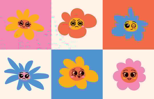 A collection of hand drawn retro style flowers in a bold color palette. Perfect for use in design projects, prints, packaging, and digital art. vector
