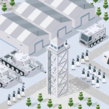 An illustration of a military base with tanks and soldiers vector