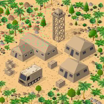 Isometric illustration of military camp, desert, and trees vector