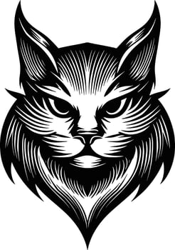 A detailed black and white graphic illustration of a cat's head with a slightly stern or mysterious expression, rendered in a woodcut or engraving style with sharp lines and textures. vector