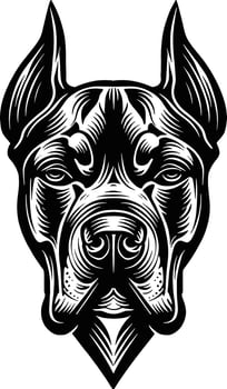 A bold, black and white graphic illustration of the head of a strong, muscular dog, possibly a Cane Corso, Pit Bull, or Boxer, with a serious and determined expression. vector