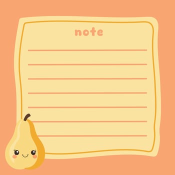 Cute yellow pear note with kawaii smiling face on orange background vector