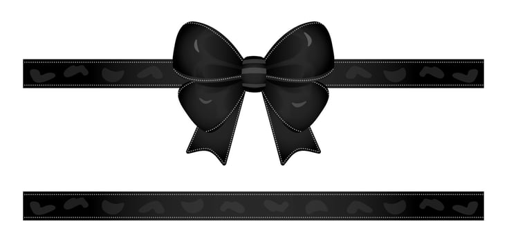 Glossy black bow with ribbon and one separate ribbon, monochrome voluminous shiny illustration for decoration invitation and greeting cards, gift boxes, postcards vector