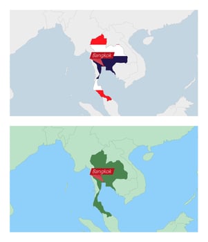 Thailand map with pin of country capital. Two types of Thailand map with neighboring countries. vector
