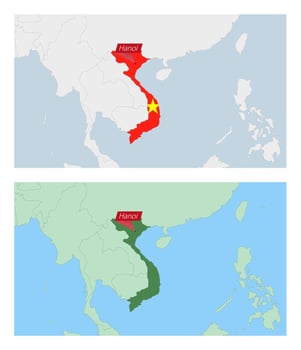 Vietnam map with pin of country capital. Two types of Vietnam map with neighboring countries. vector
