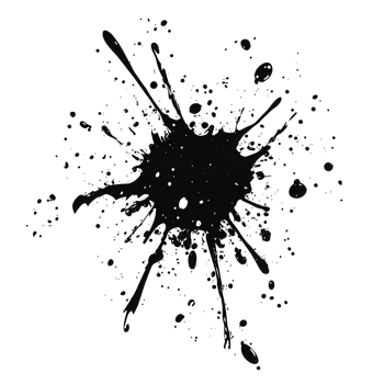 Dark ink splatter with sparkling particles against a black background. png