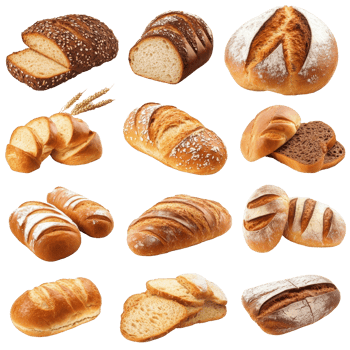 Diverse selection of baked bread loaves and slices. png
