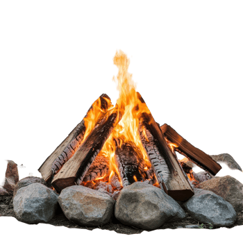 Outdoor campfire with burning logs and rocks. png