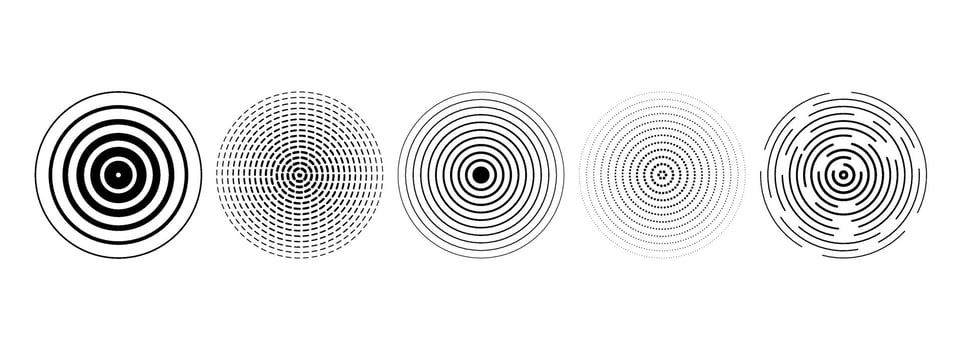 Black concentric circles set. Rippled and dashed sound wave rings collection. Epicenter, target, radar, sonar icon concept. Radial radio signal or vibration elements. Linear halftone symbols. vector