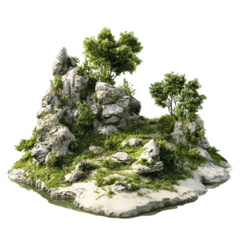 Miniature landscape scene featuring rocky outcrop and vegetation. png