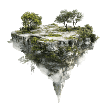 Floating island landscape with verdant vegetation and stone formations. png