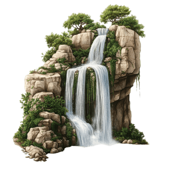 Lush waterfall cascading over rocky cliffs, framed by greenery. png