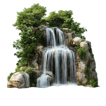 Lush cascading waterfall cascading over sculpted rocks. png