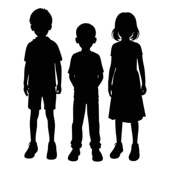 Three Children Silhouettes Standing Boy in Shorts, Boy With Hands Behind, Girl in Dress vector