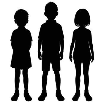 Three Kids Standing Silhouette on White Background, Child in Dress and Boy in Shorts vector