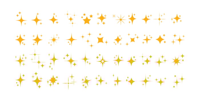 Collection of different yellow sparkling stars icon, decorative twinkle and bursts forms, abstract shining flash symbols, glowing light effect, y2k style basic shapes geometric graphic elements. vector