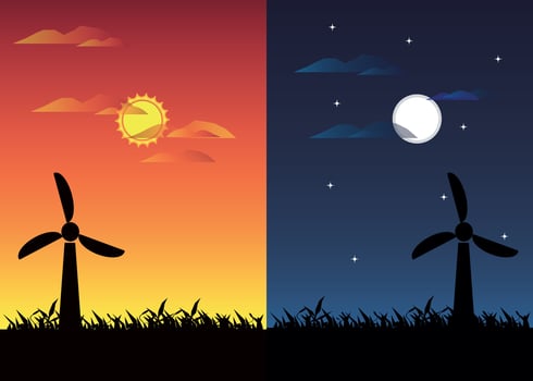 Set of day and night with wind turbine in nature vector