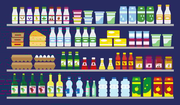 Supermarket shelves with food and drinks. Dairy, water, eggs, grocery and wine. vector