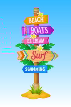 Summer beach vacations wooden sign board signage vector