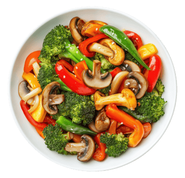Plate with stir fried vegetables isolated on transparent background, top view png
